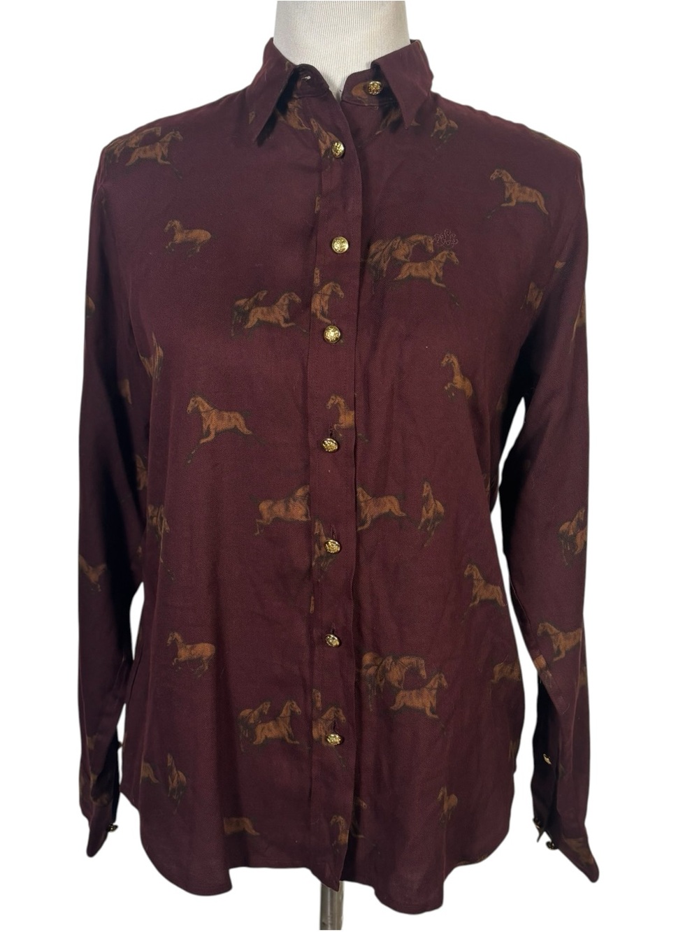 Lauren Ralph Lauren Horse Print Equestrian Shirt Burgundy Preppy Petite M